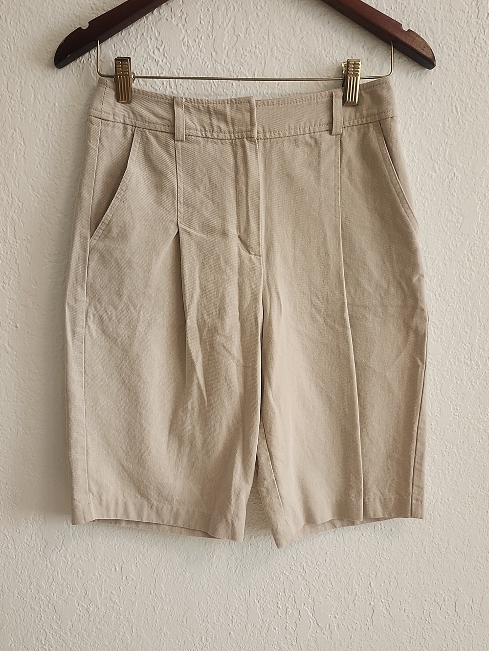 Topshop 100% Cotton Light Beige Tailored High-Waist Bermuda Shorts